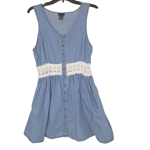 Rue21 Dresses & Skirts - Cottagecore Dress 100% Cotton‎ Sleeveless Prairie Denim Crochet Lace Pockets M